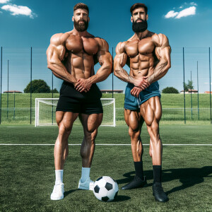 Two bodybuilders shirtless bearded on the soccer field