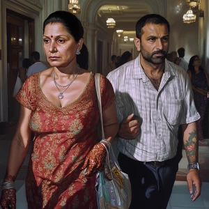 Hyperrealism.A sweaty  man walking with his mother in law with n...