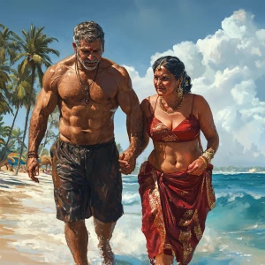 Realism,a muscular sweaty man walking with his 50 years old poo...