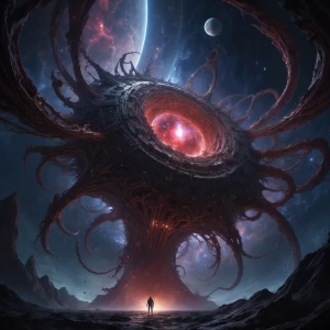 An overwhelming, apocalyptic cosmic horror scene in the void of...