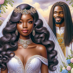 Create a 3-D realistic oil, painting of a beautiful African-American bride. She has long flooring, wavy hair and her gown has beautiful jewels around the neckline. in the background there is a beautiful African-American Jesus Christ with long dreadlocks, and he is smiling. He is very handsome pastel flowers throughout the image.