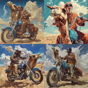 man kissing camel in the desert. Show the man is riding a blue...