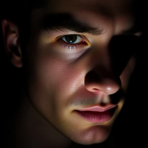 Close-up portrait of a person with sharp facial features, illumi...