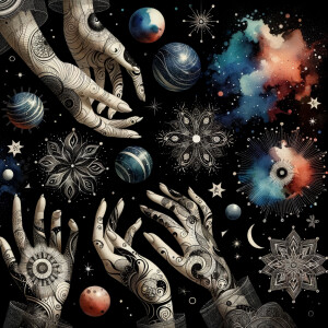 A black background with watercolor designs scattered around, sca...