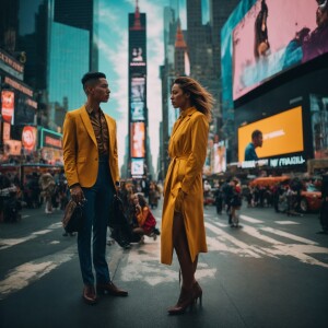 Give me a male and female model wearing trendy outfits standing...
