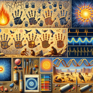 Cave Art with Handprints symbols for fire, water and air, macro, circuitry, cellular structures, DNA paint brushes and artc pallets small birds, flying cardiogram print out slide detector print electromagnetic fields linear grid golden ratio