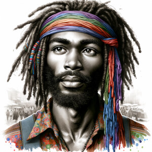 create a ink wash realistic image of a hippie black man with dre...