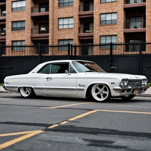 1963 white Chevrolet Impala,  lowrider, spoke rims, brick apartm...
