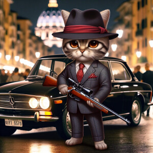cat in funeral clothes, fedora hat, red scarf in pocket, Remingt...