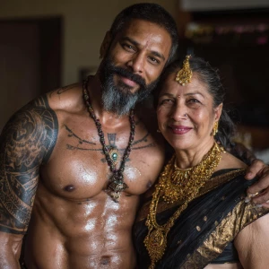 Realism,--v6.a muscular beefy sweaty tattoed indian man enjoying...