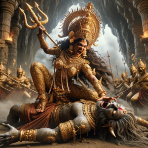 portrait of angry looking, indian goddess straddling a defeated...