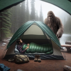 A camper in British Columbia, settling into his sleeping bag ins...
