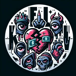 Create 10 
Circular logos for 'FUCK LOVE KREW' with  black, brok...