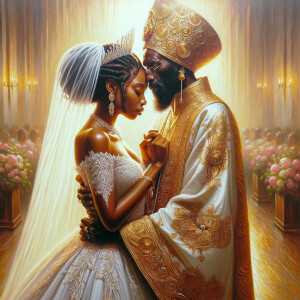 Imagine a hyper-realistic oil painting that captures a tender moment between theAfrican American bride and her God. The setting is intimate and filled with soft, warm lighting that enhances the emotional depth of the scene. The bride, in herexquisite wedding gown, shares a heartfelt embrace with her african-American Lord Jesus , who is dressedin an elegant outfit that complements the wedding's color scheme. Their expressions are full of love, pride, and joy, reflecting the special bond between them. Theattention to detail is paramount, from the intricate designs of their dresses to the subtle emotions conveyed in their facial expressions. The background is a blur ofgentle pastel hues, ensuring that the focus remains on this touching moment. Thispainting should convey the warmth, love, and depth of the relationship, with the rich textures and vibrant strokes characteristic of oil paintings, capturing the essence of this significant pre-wedding moment.