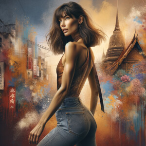 Athletic Thin skinny Attractive, Asian teenage girl, long brown hair and bangs, wearing tight skinny jeans and a halter top paint marks on her clothing, heroic pose Asian graffiti background, backside view