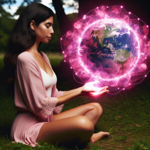 Phosphorescent A woman is depicted sitting in the grass, emanati...