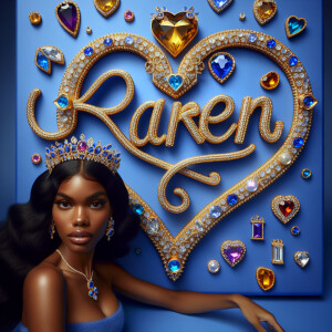Craft a 3-D image showcasing the name 'KAREN' in a luxurious gol...
