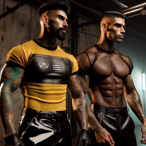 Two muscular men stand close together, both wearing striking out...