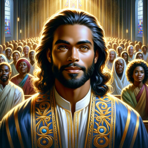Illustrate an inspiring African-American Jesus crust with a dign...