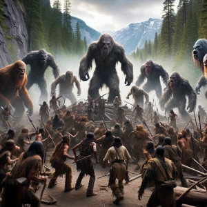 A vast legion of Sasquatch-like creatures engaged in a fierce co...