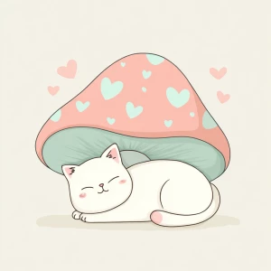 cute chubby white cat sleeping under a pastel pink mushroom with...