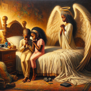 An oil painting of two African-American children with dark skin,...