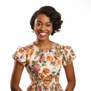 A cute woman

Smiling 

Clothes: Floral Dress

Looks Clean & Mod...