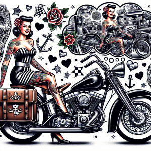 Pin up girl on a Harley Davidson bagger in an old school tattoo...
