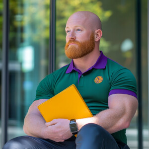 Depict a strong and confident bald bodybuilder with a bold ginge...