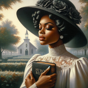 Render an airbrush oil painting of an African American woman with flawless makeup in a
contemplative pose, holding a Bible close to her heart, dressed in an elegant Sunday Best
outfit with a distinctive Church Hat. The background features a peaceful church garden,
with light filtering through the trees, highlighting her spiritual connection and the personal
moment of reflection. The artwork should capture the tranquility of the scene, the beauty
of her attire, and the depth of her contemplation, reflecting a serene and spiritually