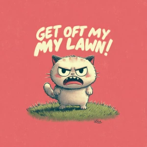 a cute angry cat yelling "Get Off My Lawn!", standing on a grass...