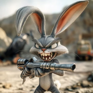 A monstrous Bugs Bunny with elongated ears that resemble twisted...