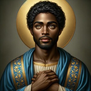 Create a beautiful African-American Jesus Christ with Hazel, brown eyes and blue and gold robe