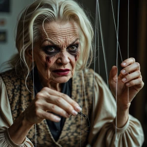 An elderly, haggard blonde woman with pronounced wrinkles and a...