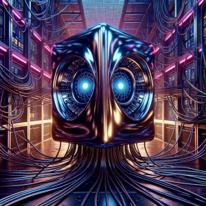 In the flickering glow of a neon-lit laboratory room, a horrifyi...
