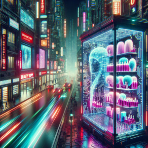 Futuristic beauty supply store, wig store, hair store hologram