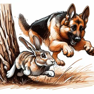 German Shepherd with a tan and black coat in mid-chase after a r...