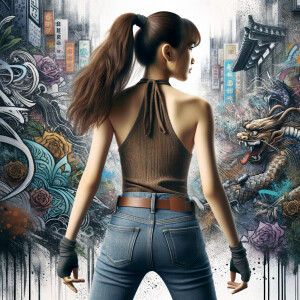 Attractive, Asian teenage girl, long brown hair and bangs, wearing tight skinny jeans and a halter top paint marks on her clothing, backside view heroic pose Asian graffiti