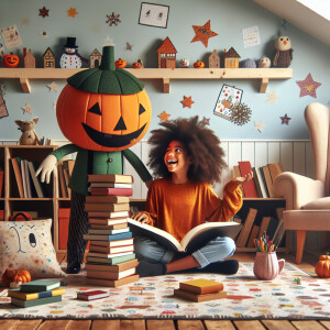 Tall curly haired Yahaira and her friend Mr pumpkin live in an a...