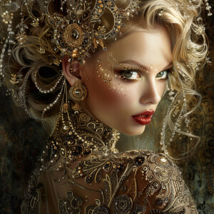 A stunning woman with cascading blonde hair adorned in a myriad...