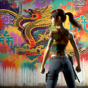 Athletic Thin skinny Attractive, Asian teenage girl, long brown hair and bangs, wearing tight skinny jeans and a halter top paint marks on her clothing, heroic pose Asian graffiti background, backside view