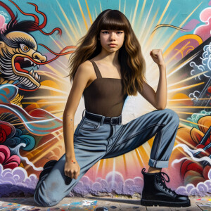 teenage girl, long brown hair and bangs, wearing tight skinny jeans and a halter top paint marks on her clothing, heroic pose Asian graffiti background, nearing on one knee