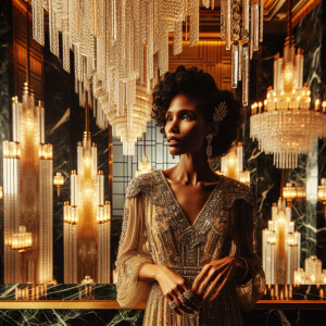 o	In the opulent splendor of an Art Deco penthouse, an elegant L...