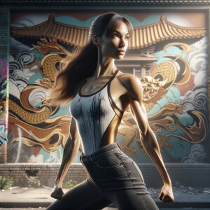 Athletic Thin skinny Attractive, Asian teenage girl, long brown hair and bangs, wearing tight skinny jeans and a halter top paint marks on her clothing, heroic pose Asian graffiti background,  backside view