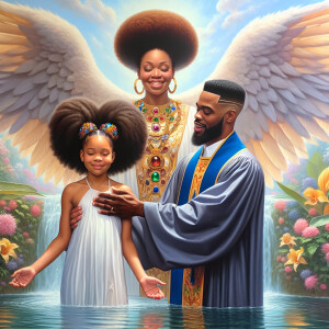 An oil painting depicting a large African-American angel with wi...