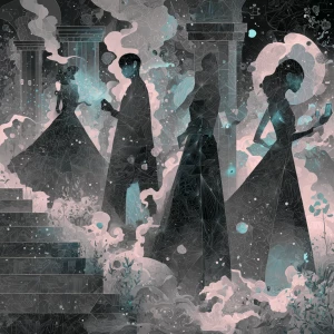 Illustrate a mysterious, dreamlike procession of masked figures...
