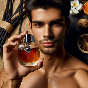 Young man holding up-close of his face a bottle of perfume. His...