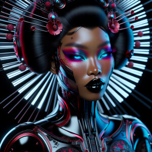 Futuristic female geisha well lit with vibrant makeup