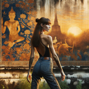 Athletic Thin skinny Attractive, Asian teenage girl, long brown hair and bangs, wearing tight skinny jeans and a halter top paint marks on her clothing, heroic pose Asian graffiti background, backside view