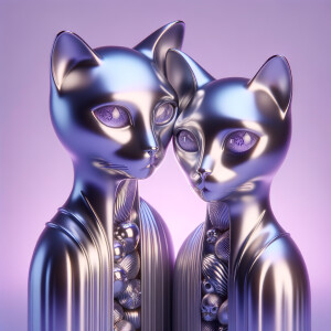Two sensitive female  cat aliens in love, silver chrome, 3D, pas...